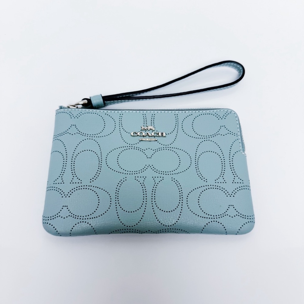 Coach - Light Blue Monogram Perforated Wristlet Pouch